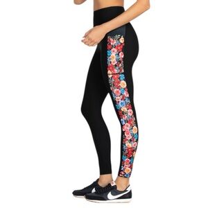Johnny Was Bee Active Floral Side Stripe Black Luxury Leggings NWT Size Small